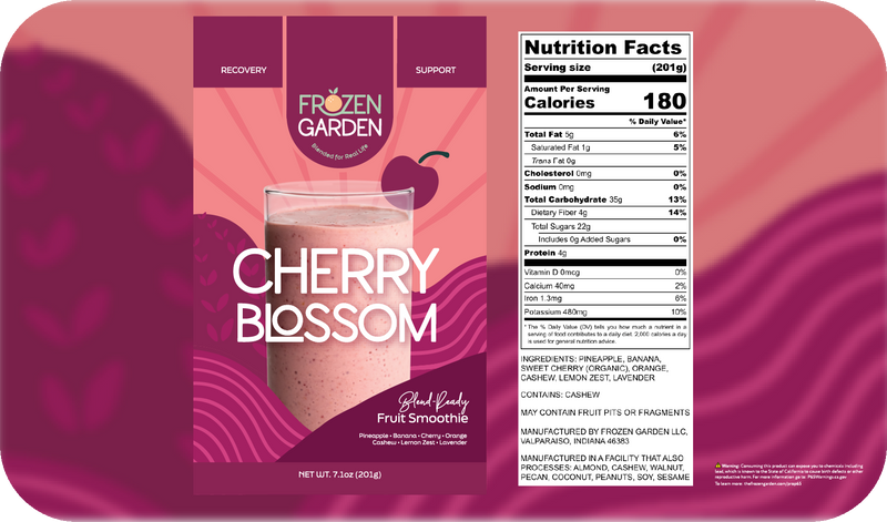Cherry Blossom smoothie front pouch and detailed nutrition facts label side by side - Frozen Garden fruit smoothie.