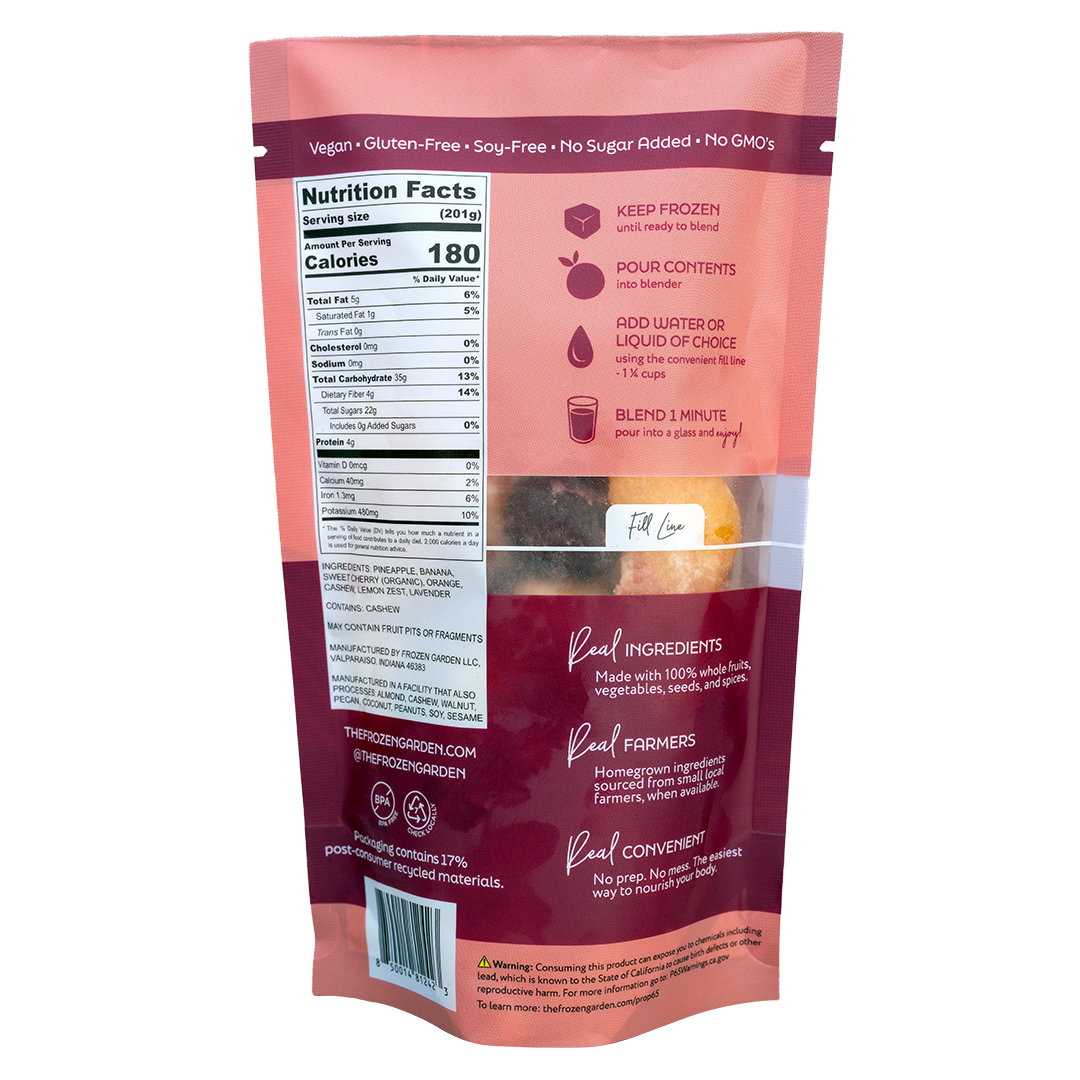 Back of Cherry Blossom smoothie pouch showing nutrition facts, ingredients and blending instructions - Frozen Garden.