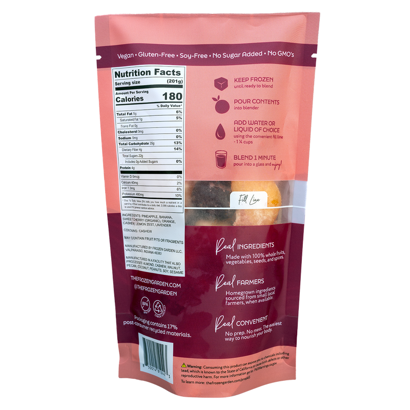 Back of Cherry Blossom smoothie pouch showing nutrition facts, ingredients and blending instructions - Frozen Garden.