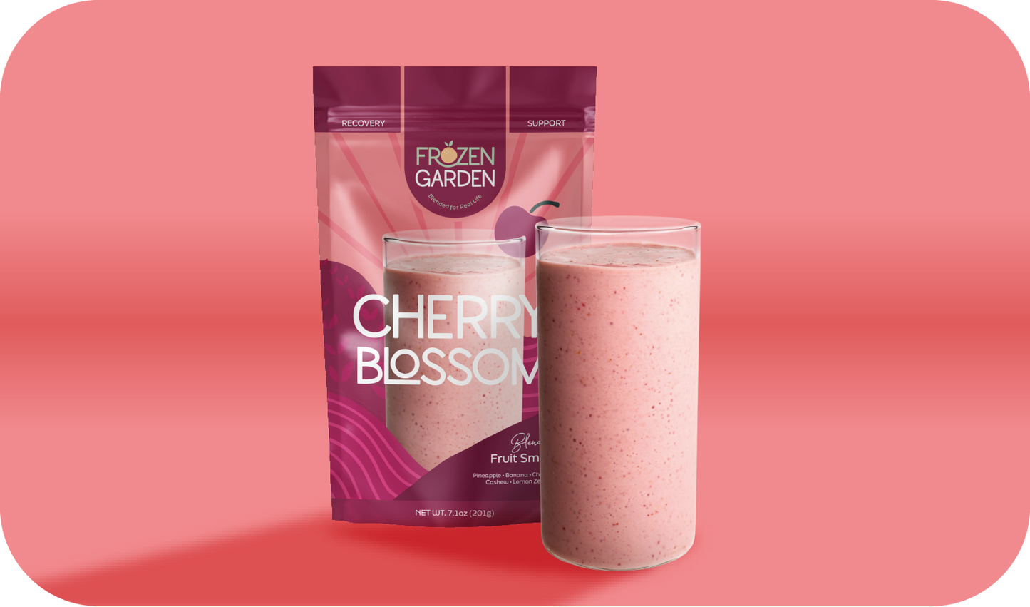 Cherry Blossom smoothie pouch beside blended glass - Frozen Garden ready to blend smoothie with cherries and orange.