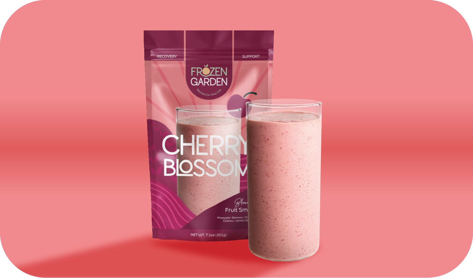 Cherry Blossom smoothie pouch beside blended glass - Frozen Garden ready to blend smoothie with cherries and orange.