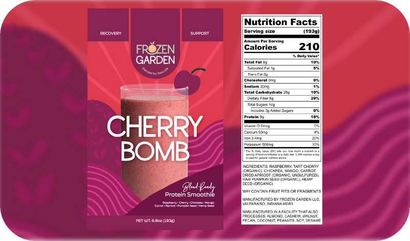 Cherry Bomb smoothie front pouch and detailed nutrition facts label side by side - Frozen Garden fruit smoothie.