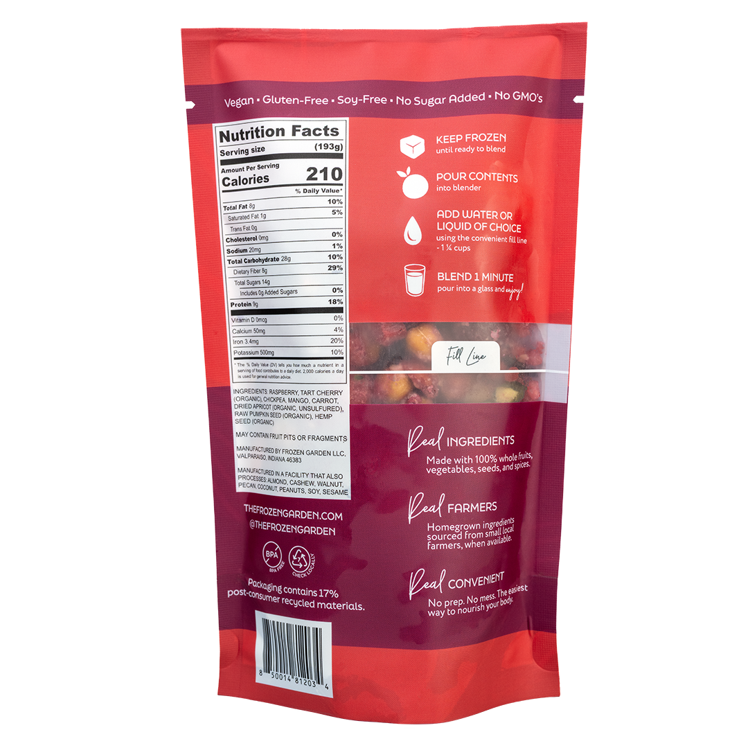 Back of Cherry Bomb smoothie pouch showing nutrition facts, ingredients and blending instructions - Frozen Garden.