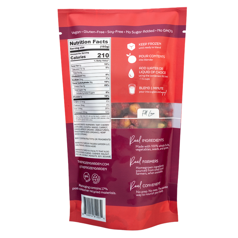 Back of Cherry Bomb smoothie pouch showing nutrition facts, ingredients and blending instructions - Frozen Garden.