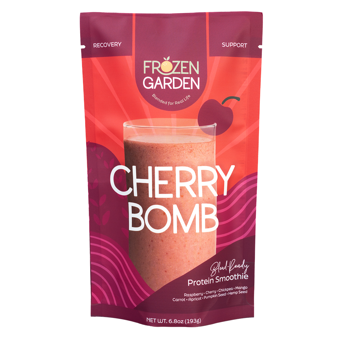 Cherry Bomb smoothie pouch with cherries, carrot and mango - Frozen Garden ready to blend fruit smoothie.