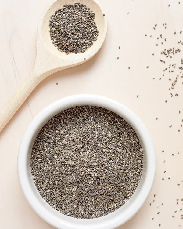 Chia seeds in a white bowl and on a wooden spoon.