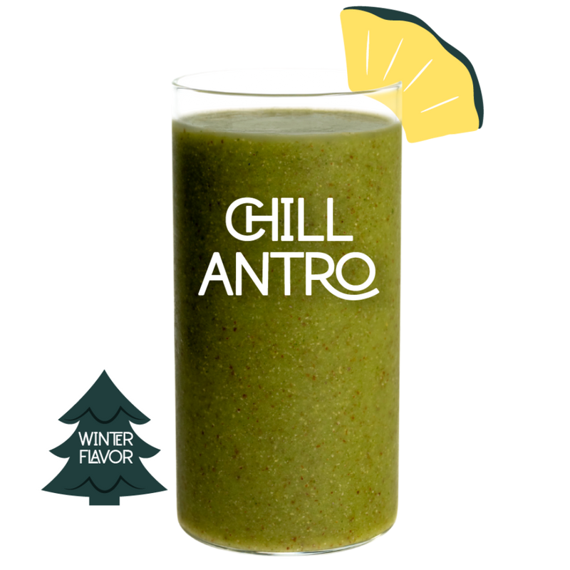 Chillantro green smoothie blended in a glass. Refreshing cilantro frozen smoothie pack.