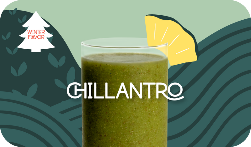 Chillantro green smoothie blended in a glass. Frozen smoothie packs from Frozen Garden.