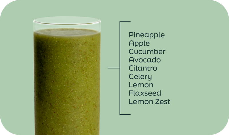 Chillantro green smoothie blended in a glass with ingredients listed. Frozen Garden's frozen smoothie packs.