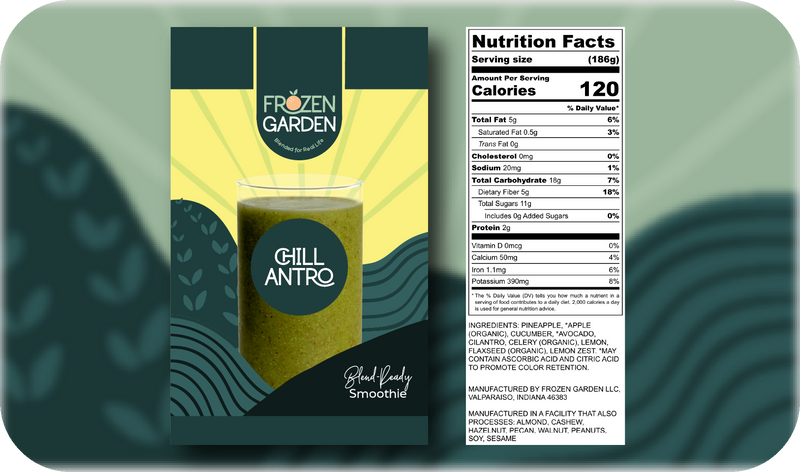 Chillantro green smoothie nutritional information. Refreshing cilantro frozen smoothie pack.