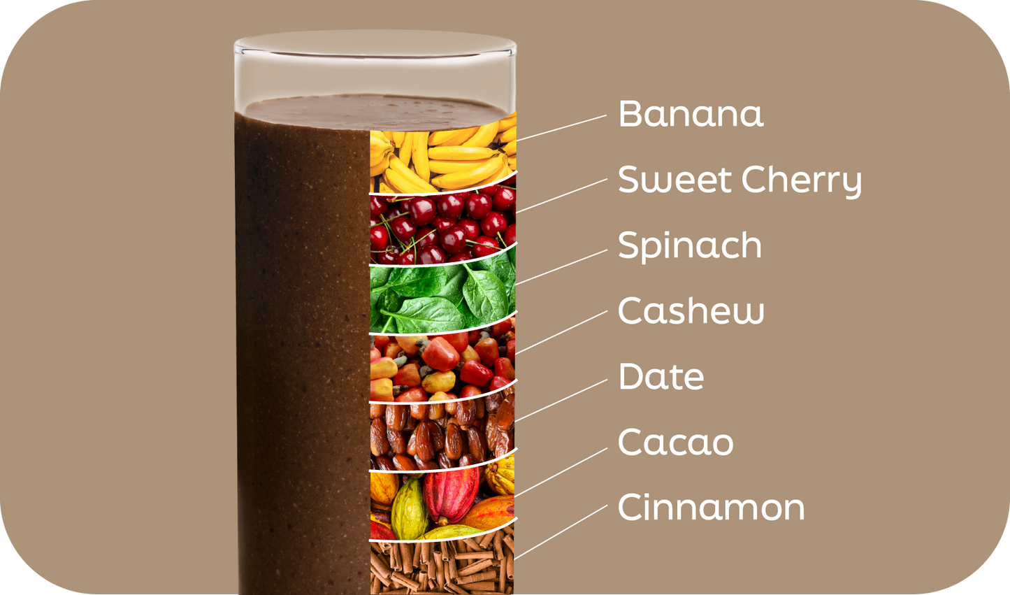 Chocolate Dream smoothie ingredients labeled in layers: banana, cherry, spinach, cashew, date, cacao, cinnamon - Frozen Garden.