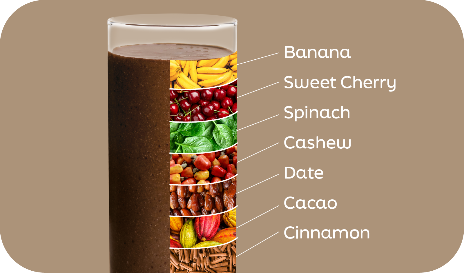 Chocolate Dream smoothie ingredients labeled in layers: banana, cherry, spinach, cashew, date, cacao, cinnamon - Frozen Garden.