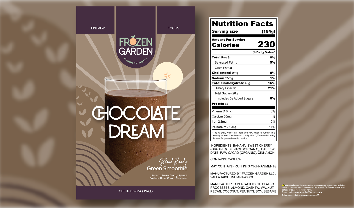 Chocolate Dream smoothie front pouch and detailed nutrition facts label side by side - Frozen Garden chocolate smoothie.