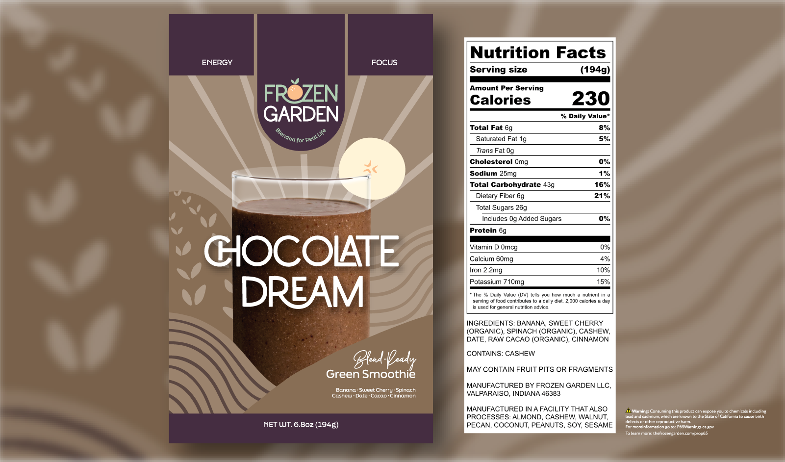 Chocolate Dream smoothie front pouch and detailed nutrition facts label side by side - Frozen Garden chocolate smoothie.
