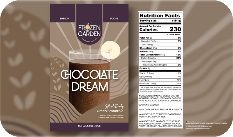 Chocolate Dream smoothie front pouch and detailed nutrition facts label side by side - Frozen Garden chocolate smoothie.