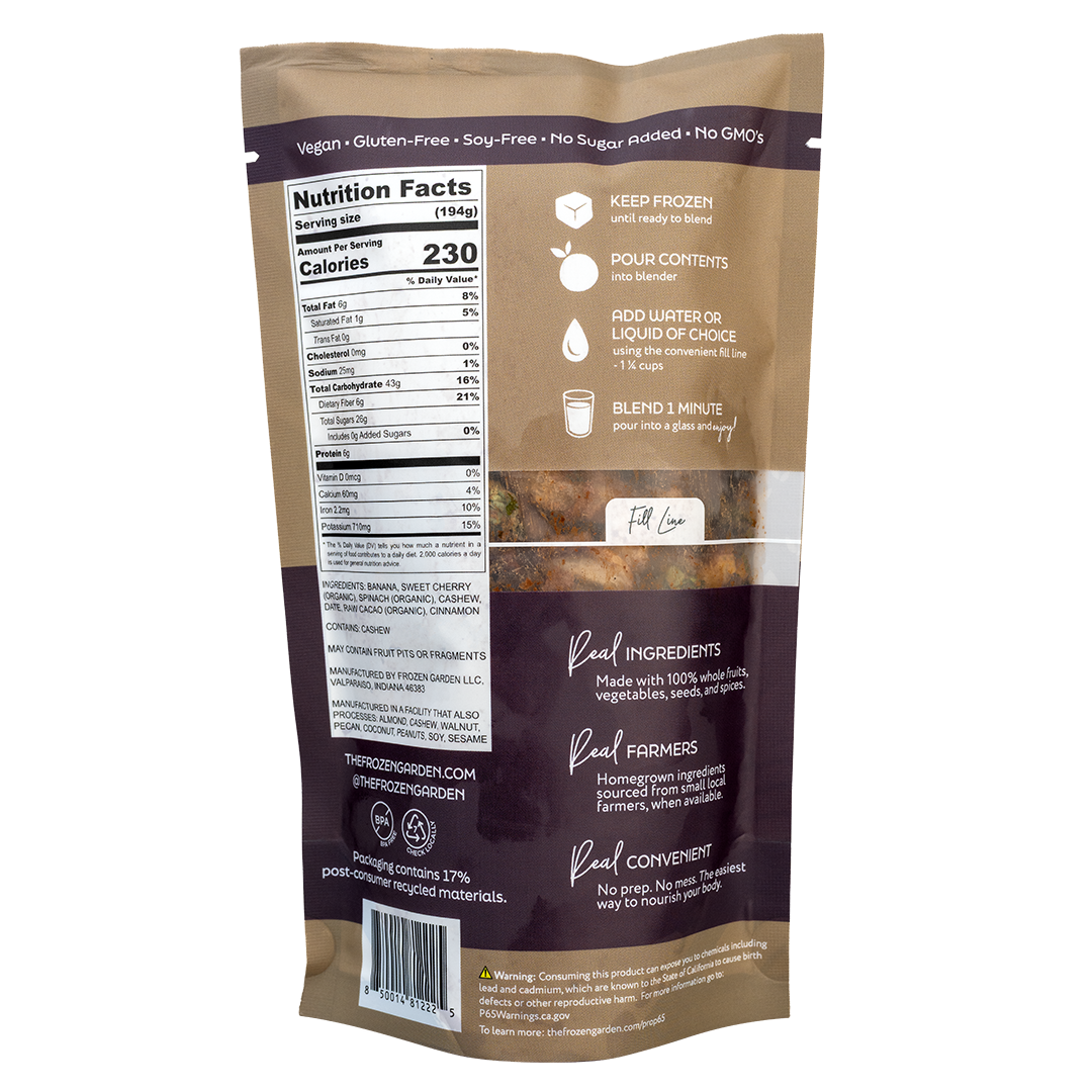 Back of Chocolate Dream smoothie pouch showing nutrition facts, ingredients and blending instructions - Frozen Garden.