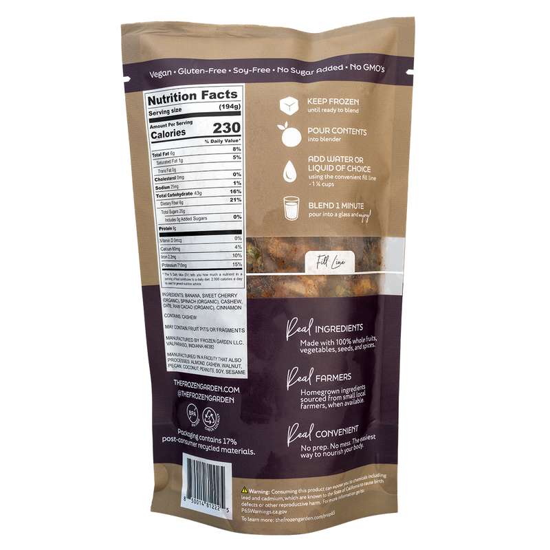 Back of Chocolate Dream smoothie pouch showing nutrition facts, ingredients and blending instructions - Frozen Garden.