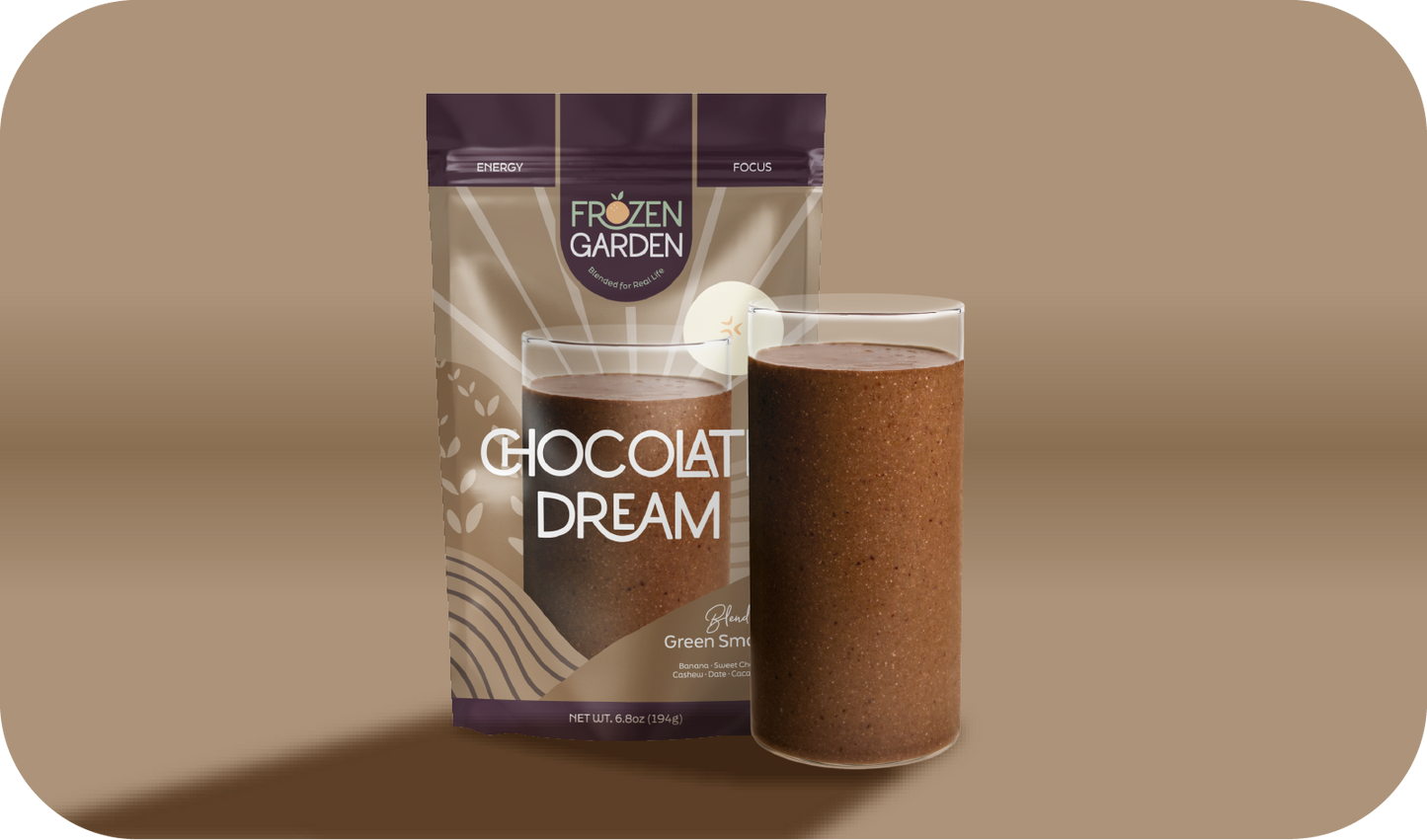 Chocolate Dream smoothie pouch beside blended glass - Frozen Garden ready to blend smoothie with cacao and banana.