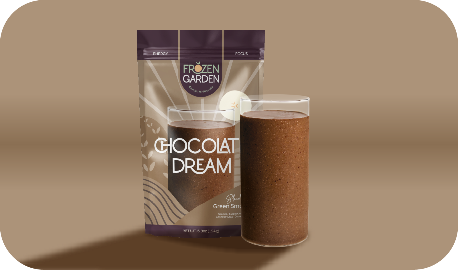 Chocolate Dream smoothie pouch beside blended glass - Frozen Garden ready to blend smoothie with cacao and banana.