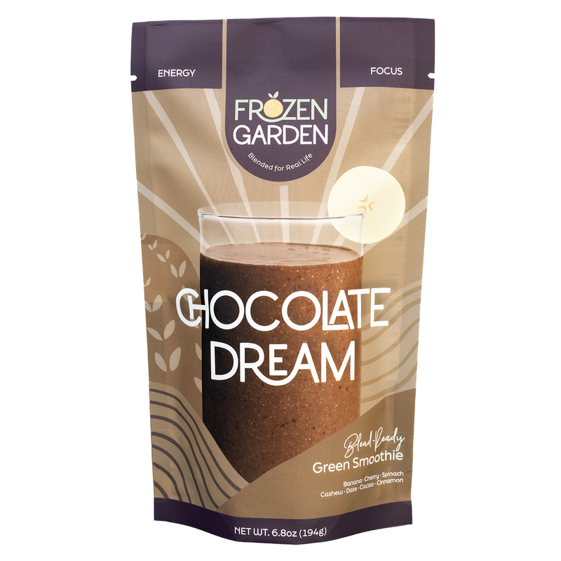 Chocolate Dream smoothie pouch with banana, cacao and dates - Frozen Garden ready to blend chocolate smoothie.