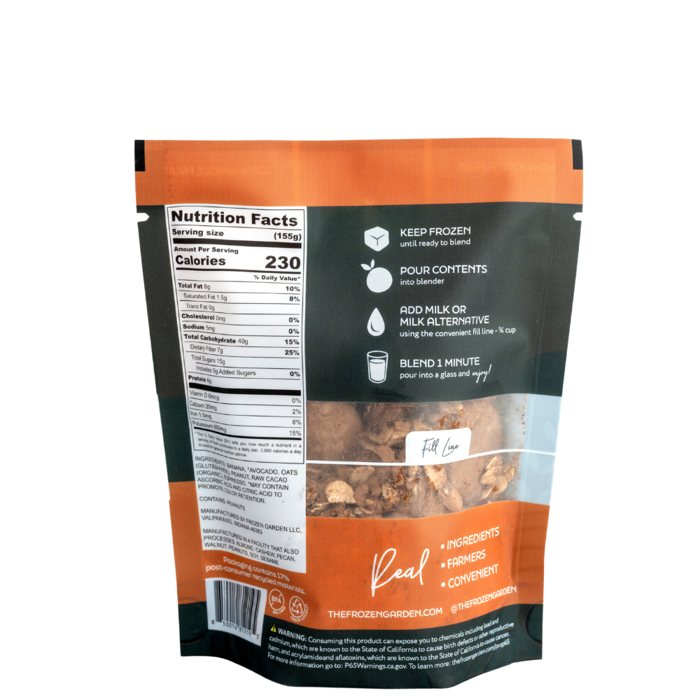 Chocolate Peanut Butter Delite pouch back with cacao, banana and peanuts - Frozen Garden ready to enjoy plant-based dessert.