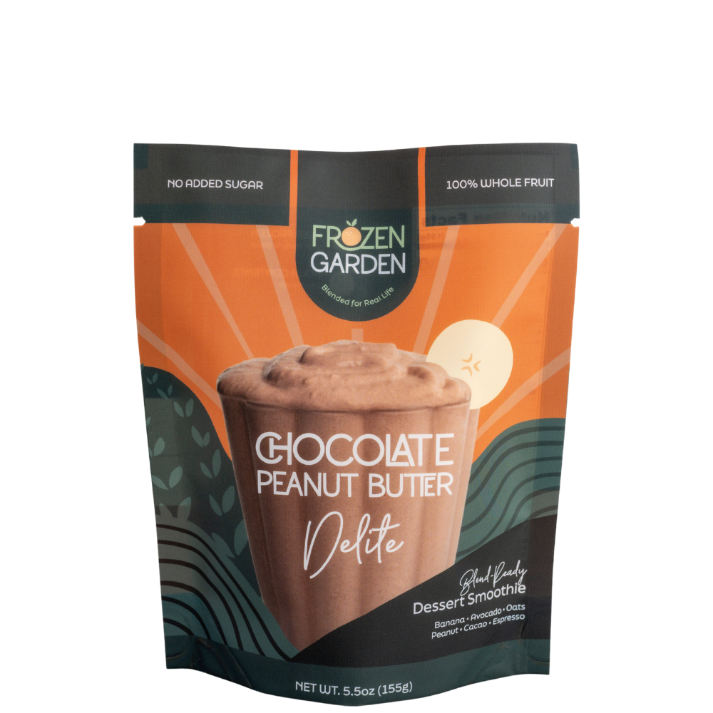 Chocolate Peanut Butter Delite pouch with cacao, banana and peanuts - Frozen Garden ready to enjoy plant-based dessert.