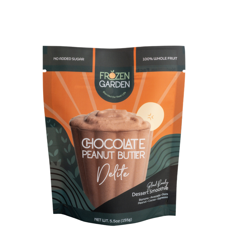 Chocolate Peanut Butter Delite pouch with cacao, banana and peanuts - Frozen Garden ready to enjoy plant-based dessert.