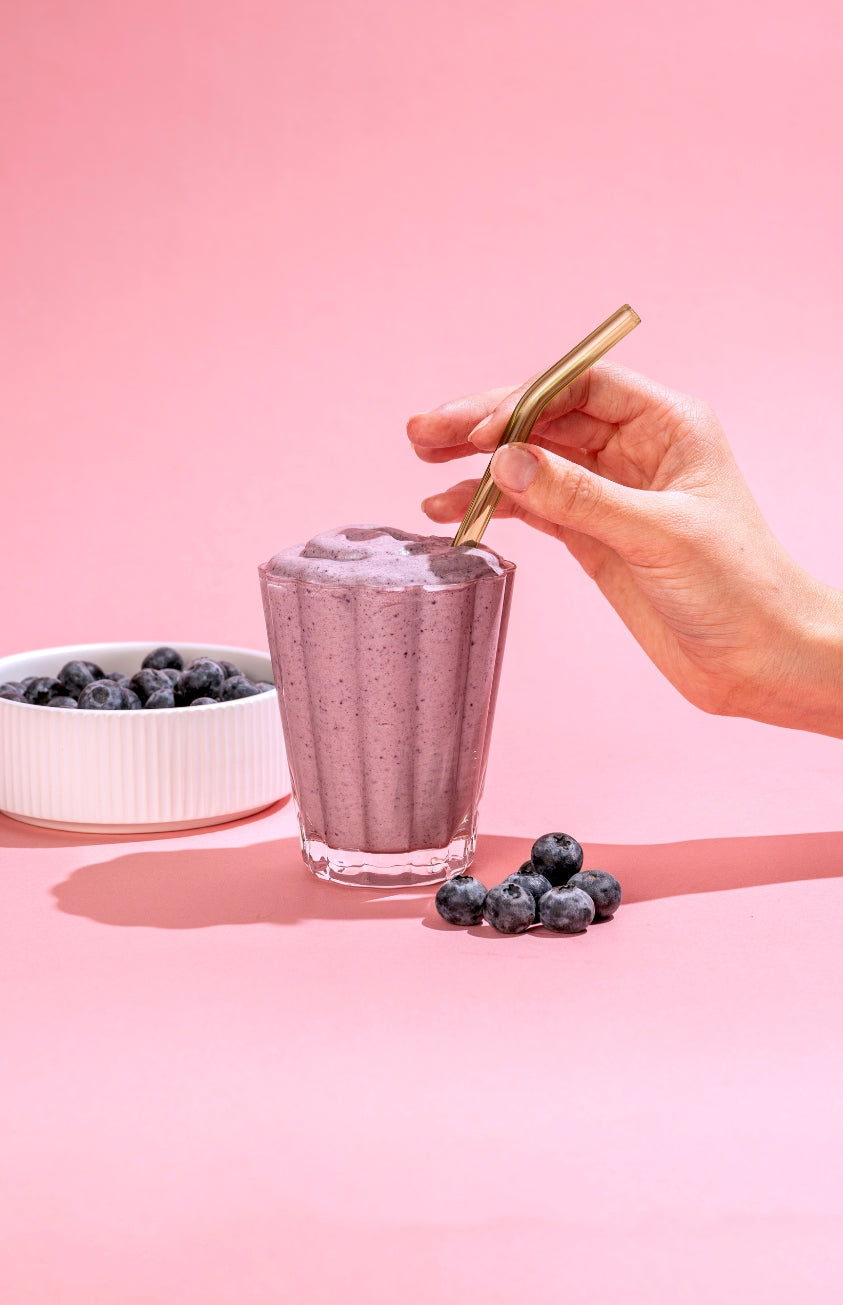 Blueberry Muffin Delite healthy dessert smoothie on pink background
