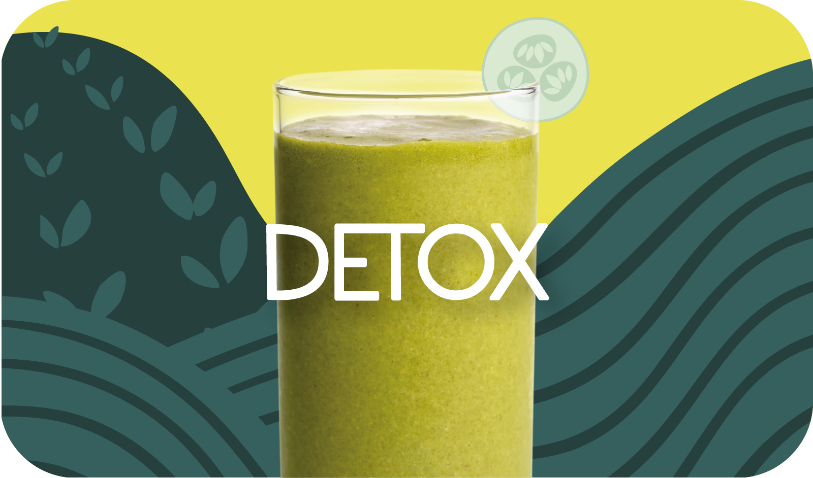 Blended Detox smoothie in glass, light green color with cucumber design - Frozen Garden healthy detox smoothie.