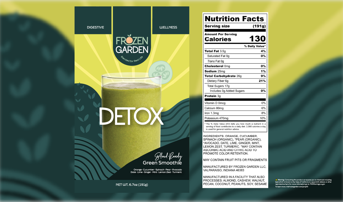Detox smoothie front pouch and detailed nutrition facts label side by side - Frozen Garden green detox smoothie.