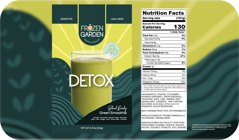 Detox smoothie front pouch and detailed nutrition facts label side by side - Frozen Garden green detox smoothie.