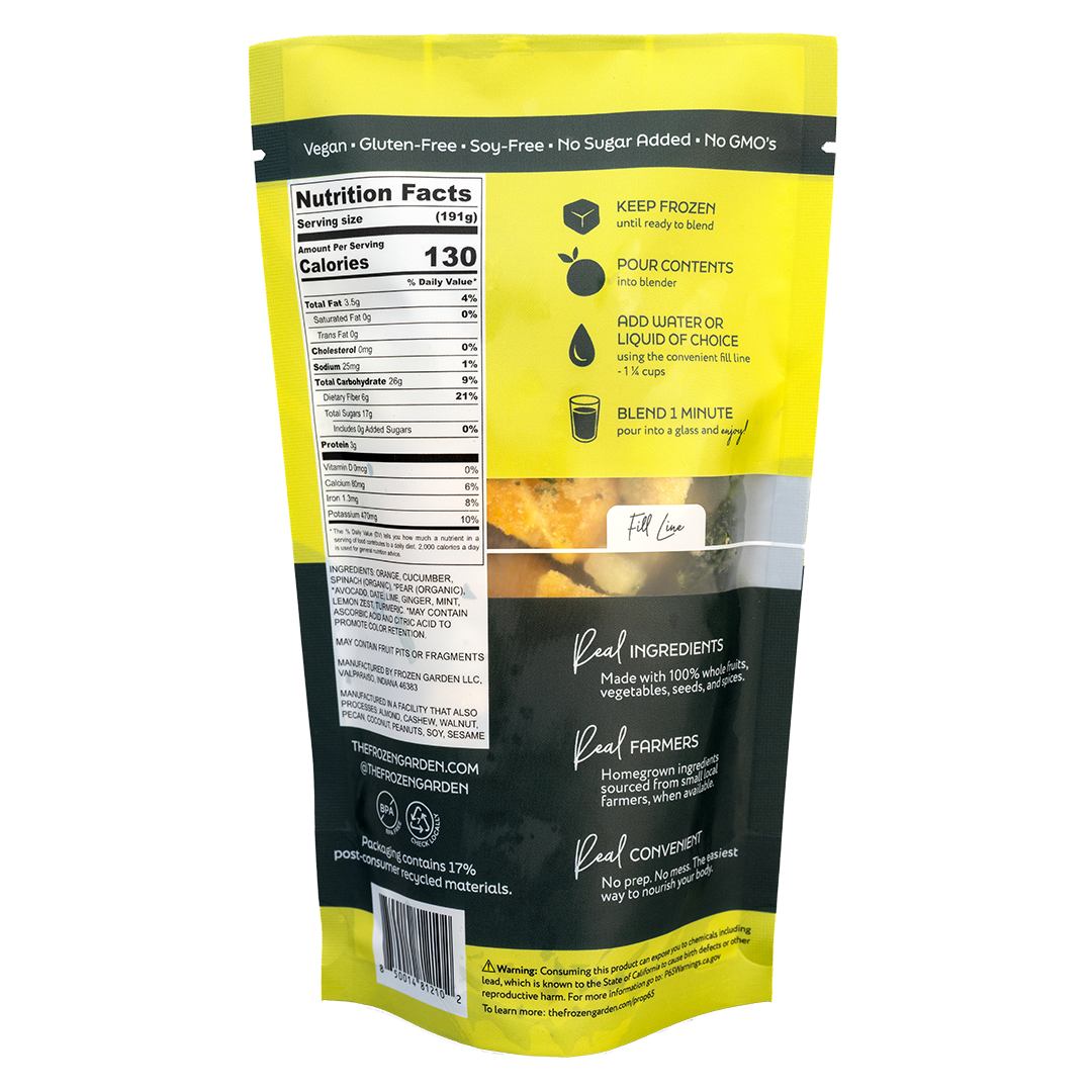 Back of Detox smoothie pouch showing nutrition facts, ingredients and blending instructions - Frozen Garden.