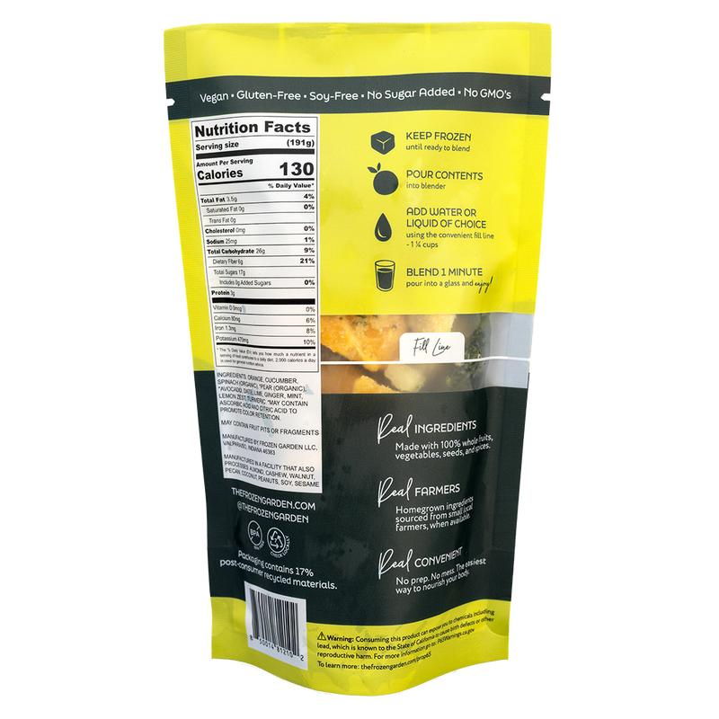 Back of Detox smoothie pouch showing nutrition facts, ingredients and blending instructions - Frozen Garden.