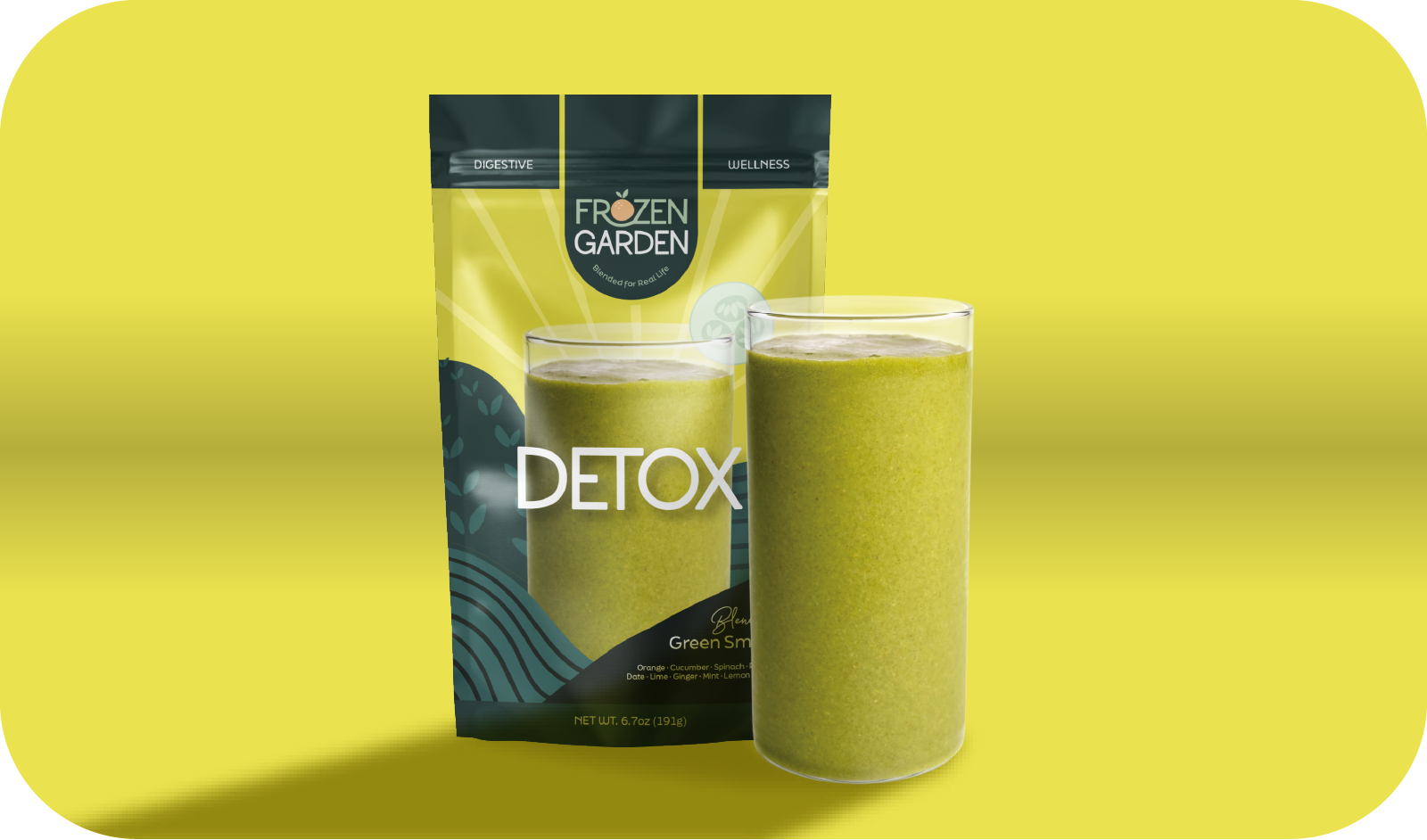 Detox smoothie pouch beside blended glass - Frozen Garden ready to blend smoothie with cucumber and spinach.