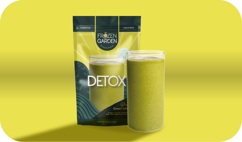 Detox smoothie pouch beside blended glass - Frozen Garden ready to blend smoothie with cucumber and spinach.