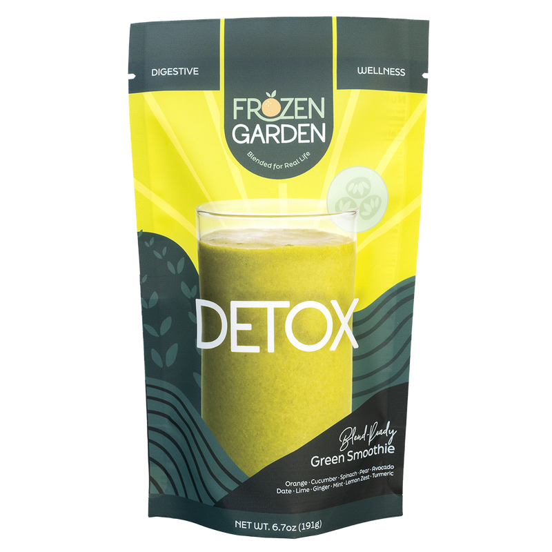 Detox smoothie pouch with cucumber, orange and spinach - Frozen Garden ready to blend detox smoothie.