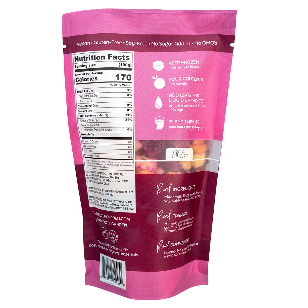 Back of Dreamy Dragon smoothie pouch showing nutrition facts, ingredients and blending instructions - Frozen Garden.