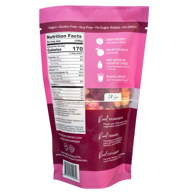 Back of Dreamy Dragon smoothie pouch showing nutrition facts, ingredients and blending instructions - Frozen Garden.