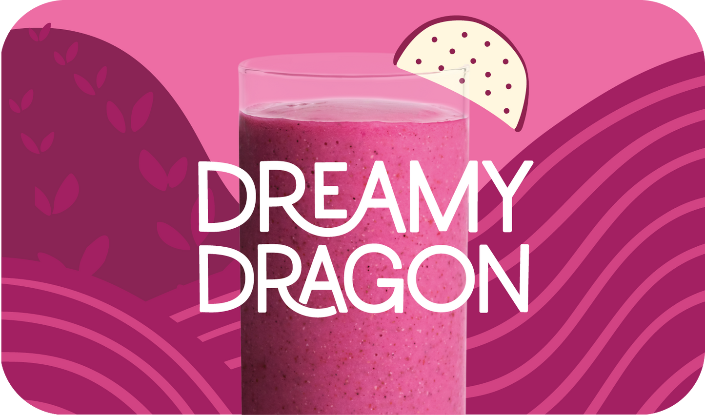 Blended Dreamy Dragon smoothie in glass, vibrant pink color with dragon fruit design - Frozen Garden healthy tropical smoothie.