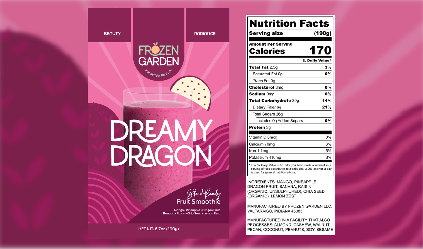 Dreamy Dragon smoothie front pouch and detailed nutrition facts label side by side - Frozen Garden tropical fruit smoothie.