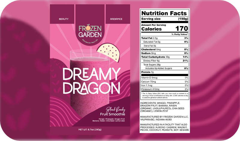 Dreamy Dragon smoothie front pouch and detailed nutrition facts label side by side - Frozen Garden tropical fruit smoothie.