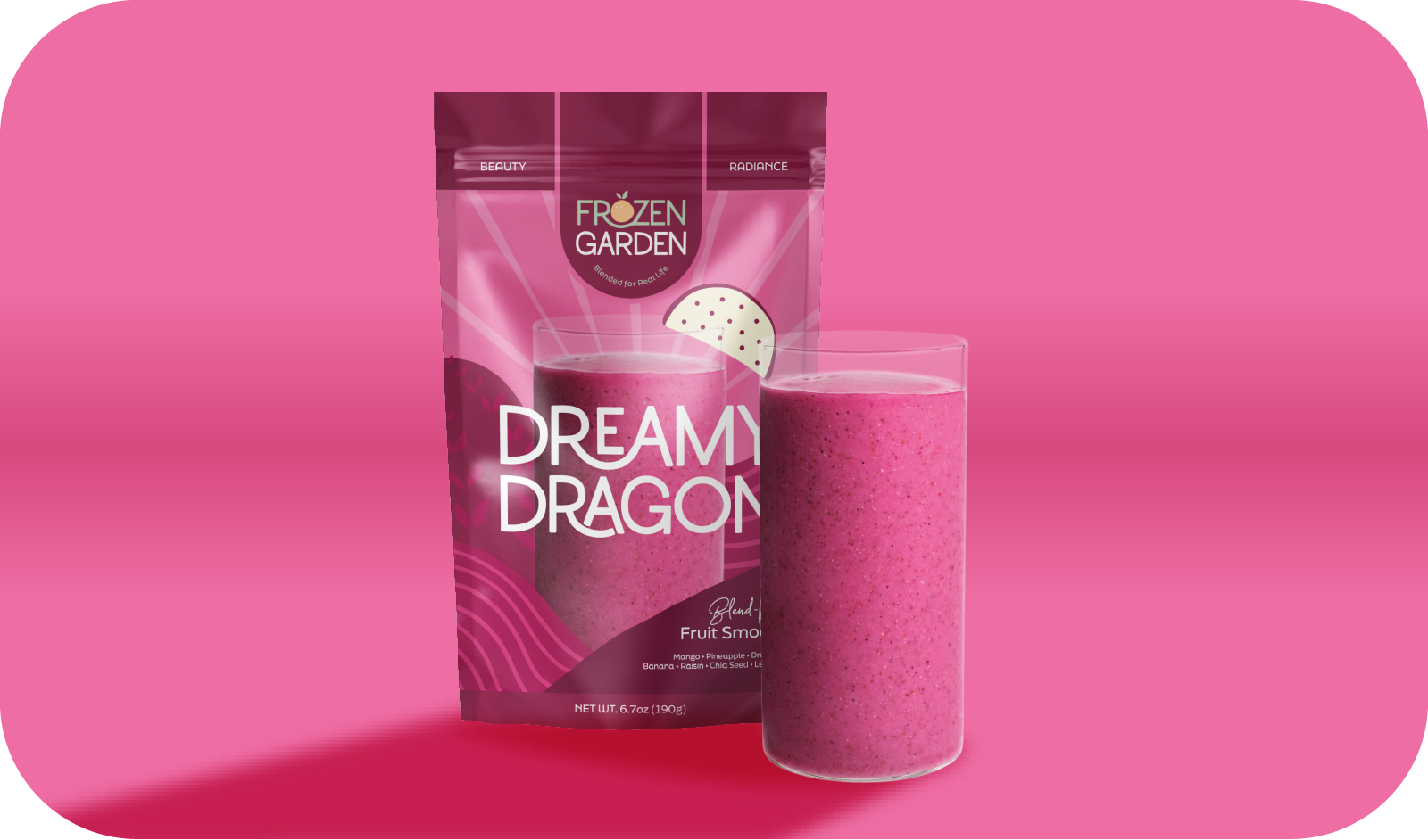 Dreamy Dragon smoothie pouch beside blended glass - Frozen Garden ready to blend smoothie with dragon fruit and mango.
