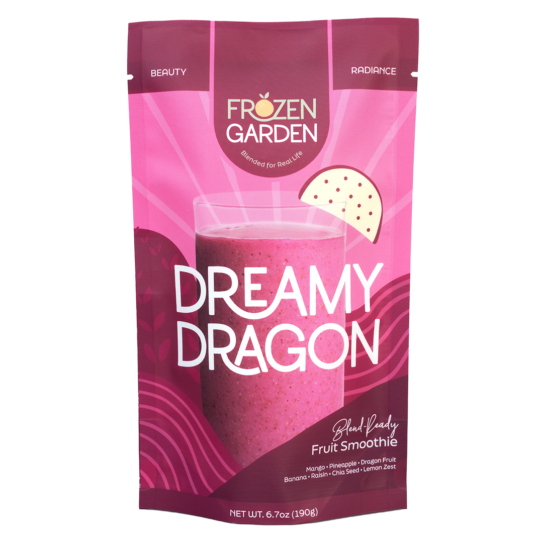 Dreamy Dragon smoothie pouch with dragon fruit, mango and pineapple - Frozen Garden ready to blend tropical smoothie.