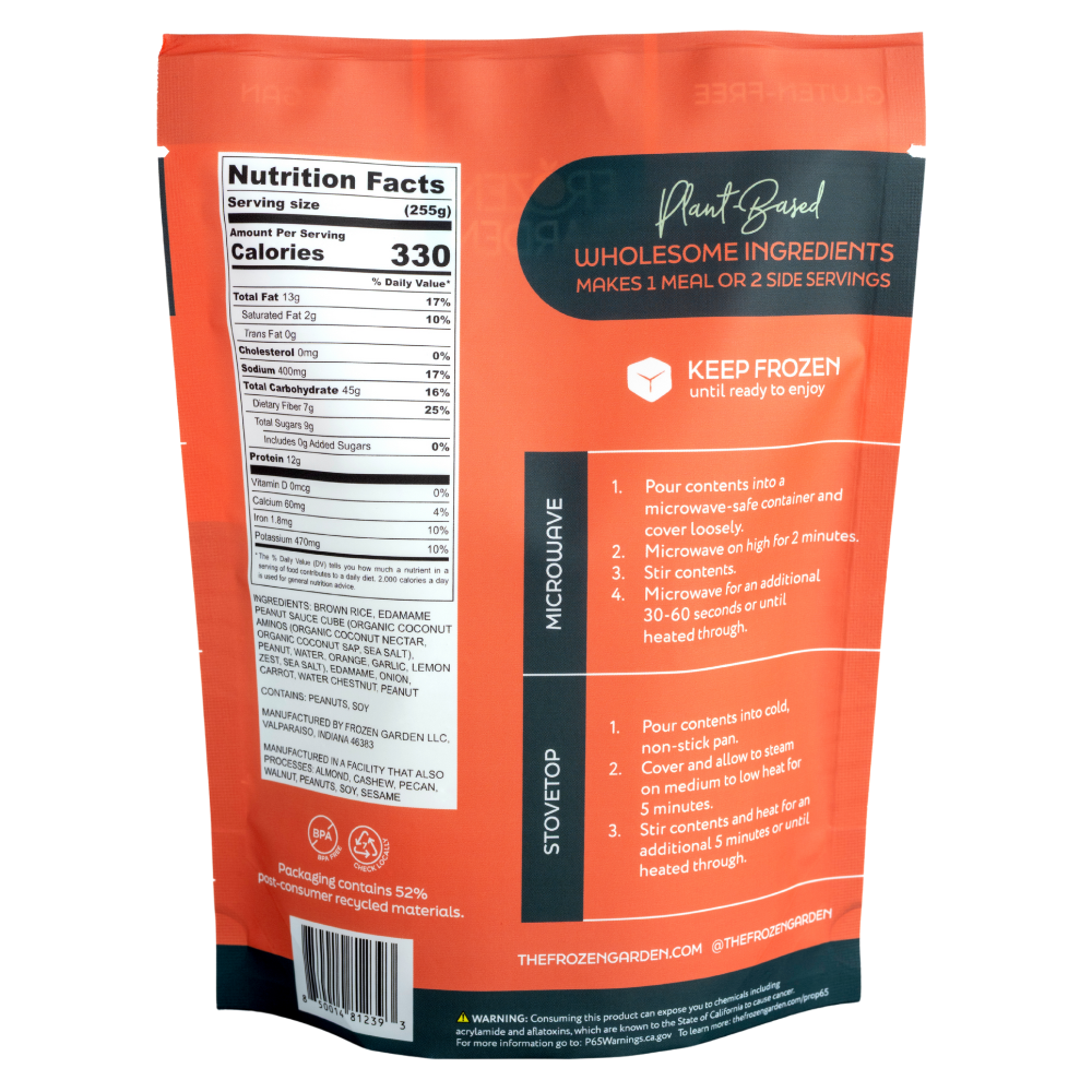 Edamame Peanut Garden Bowl pouch back on white background with edamame, carrots and peanuts - Frozen Garden plant-based meal.