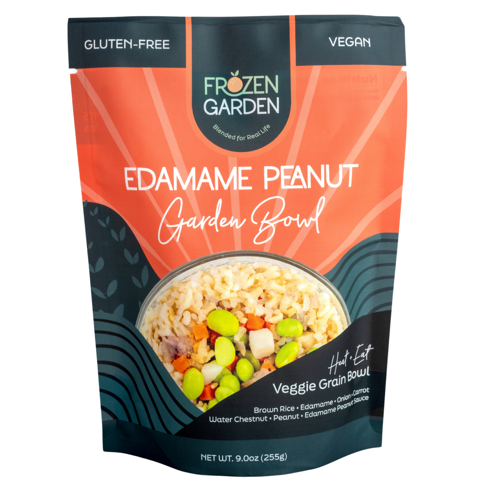 Edamame Peanut Garden Bowl pouch on white background with edamame, carrots and peanuts - Frozen Garden plant-based meal.