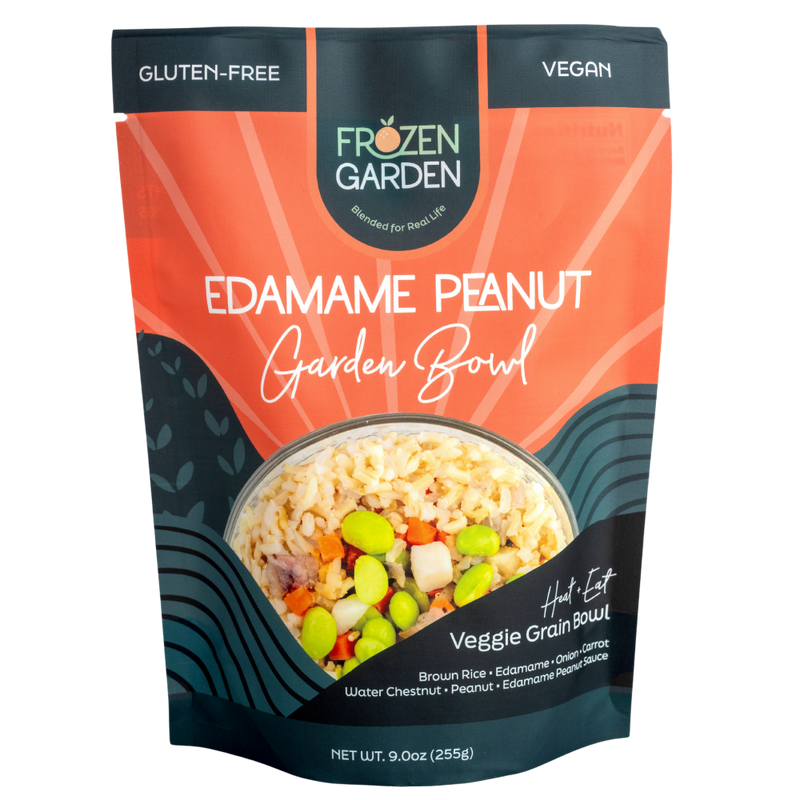 Edamame Peanut Garden Bowl pouch on white background with edamame, carrots and peanuts - Frozen Garden plant-based meal.