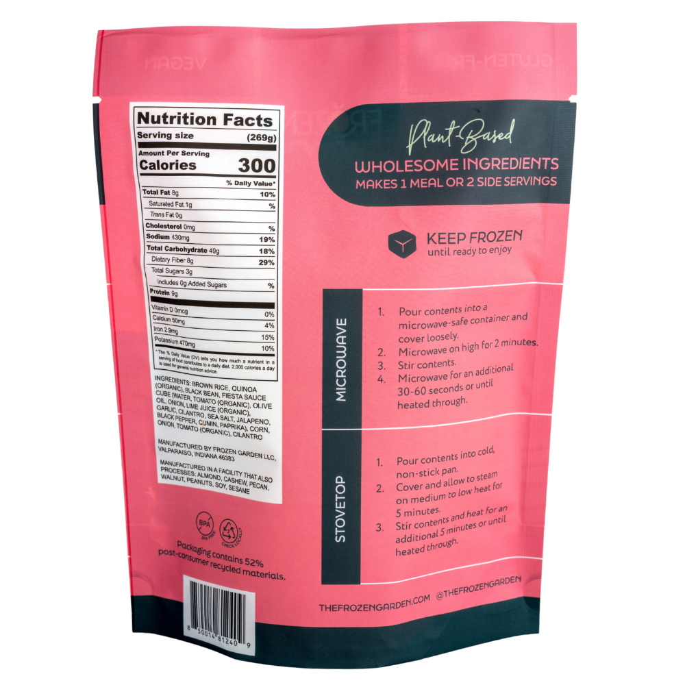 Fiesta Garden Bowl pouch back on white background with black beans, corn and quinoa - Frozen Garden plant-based meal.