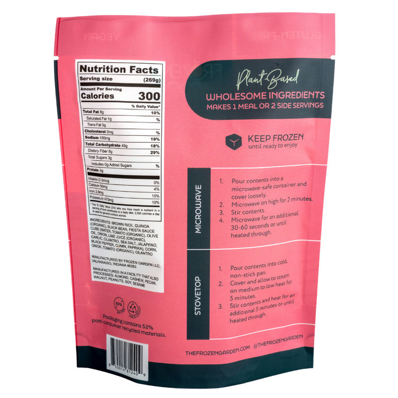 Fiesta Garden Bowl pouch back on white background with black beans, corn and quinoa - Frozen Garden plant-based meal.