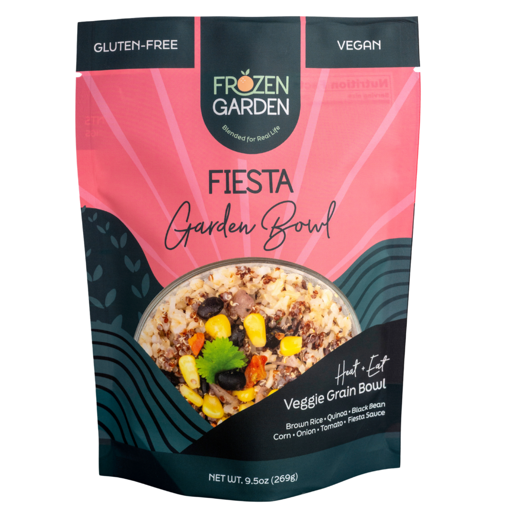 Fiesta Garden Bowl pouch on white background with black beans, corn and quinoa - Frozen Garden plant-based meal.