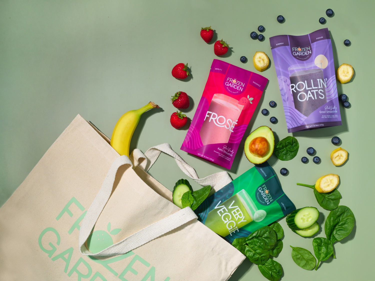 Frozen smoothie packs spilling out of smoothie delivery grocery bag.